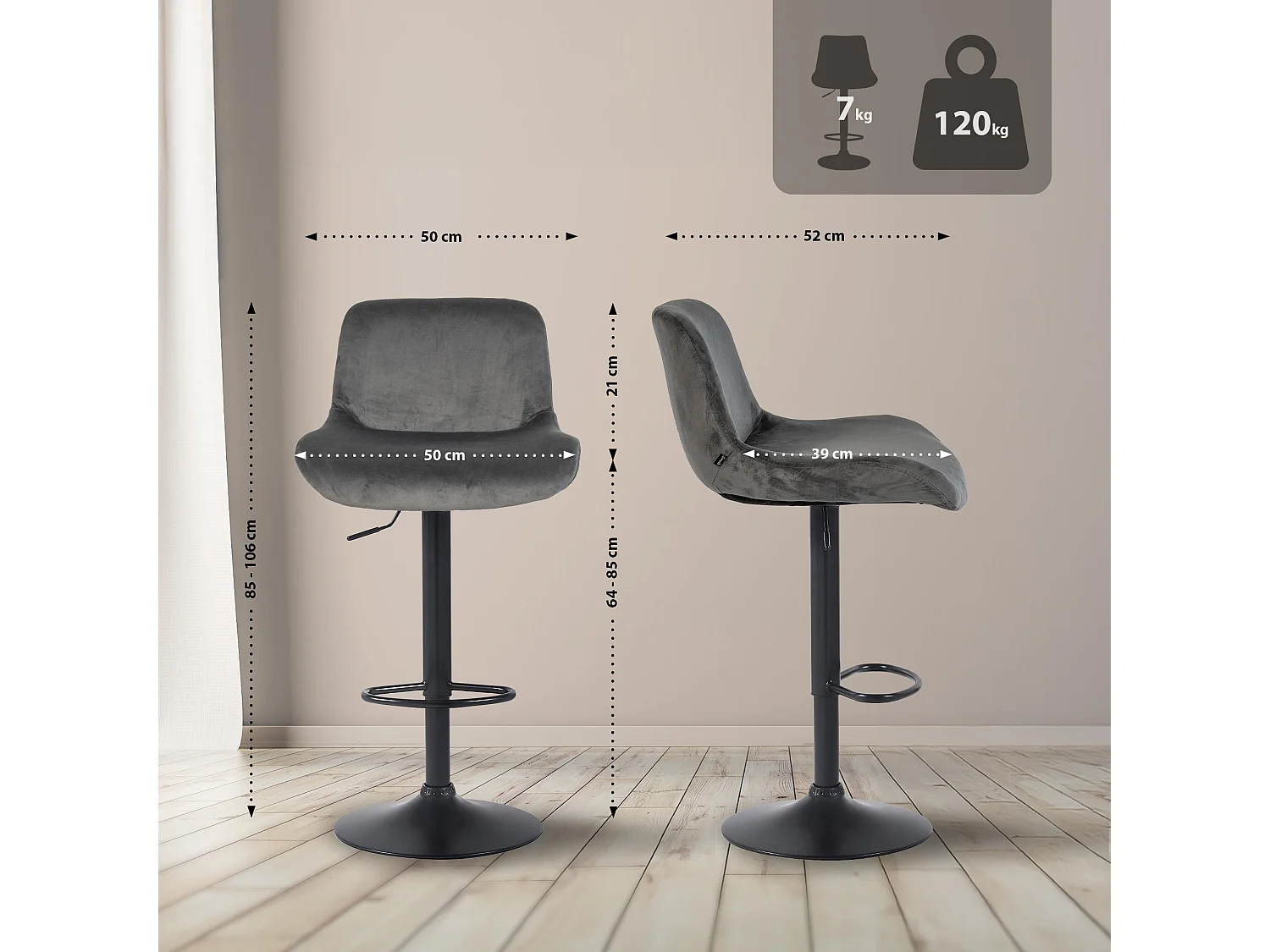 Lot de 2  Tabouret de bar - Velours - Gris foncé - Solon