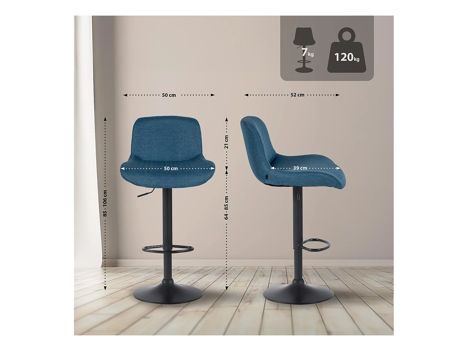 Lot de 2  Tabouret de bar - Tissu - Bleu - Solon