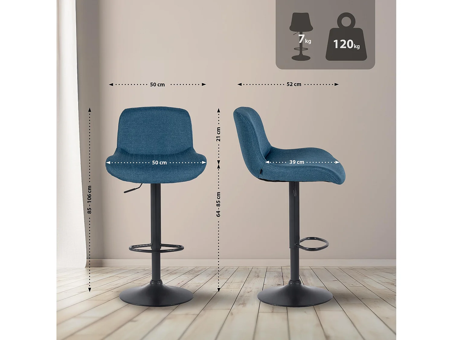 Lot de 2  Tabouret de bar - Tissu - Bleu - Solon