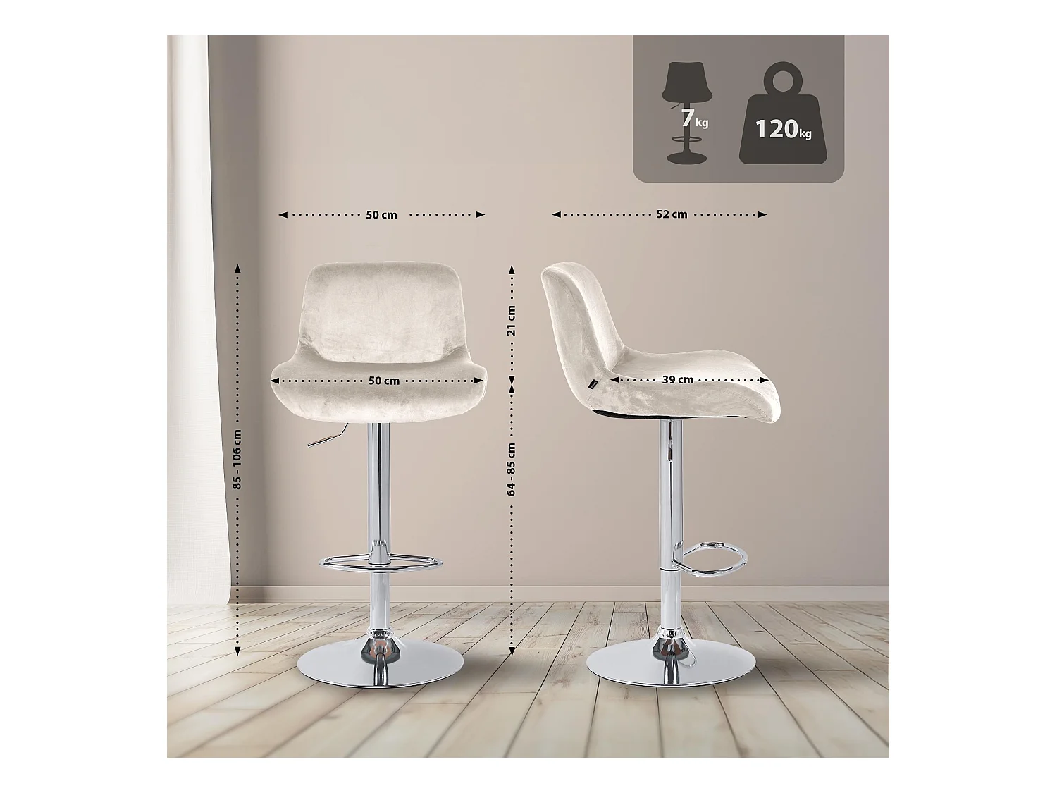 Lot de 2  Tabouret de bar - Velours - Crème - Solon
