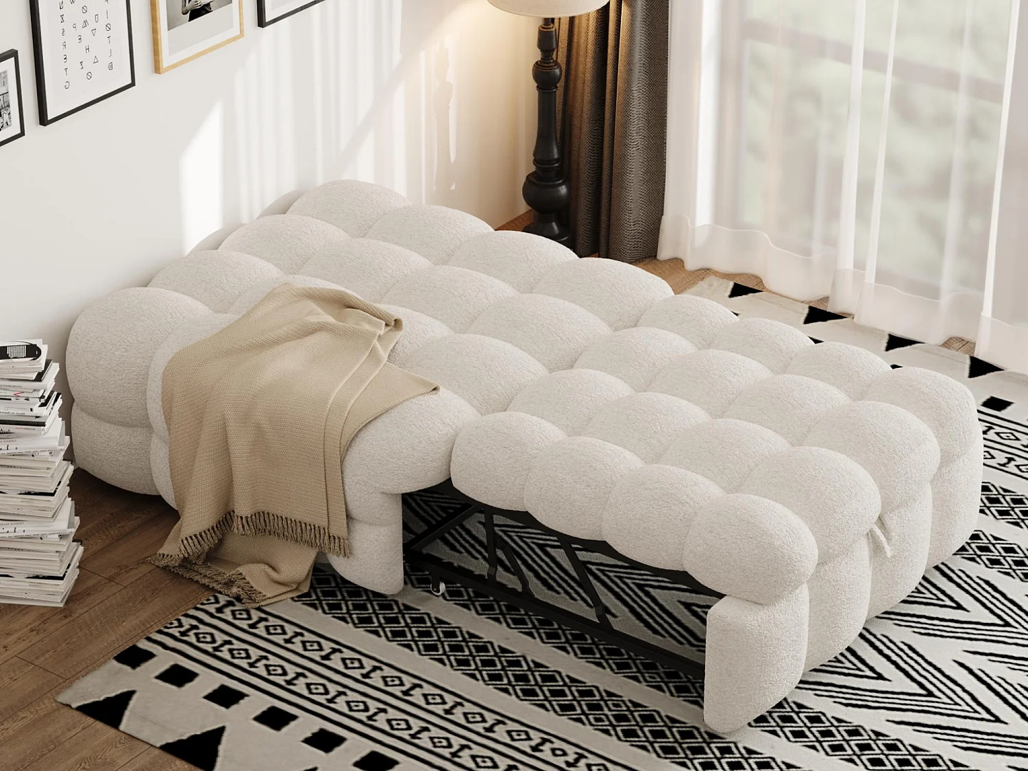 Letto imbottito - Ottomano 2 in 1 - Divano letto pieghevole - Letto singolo - Beige