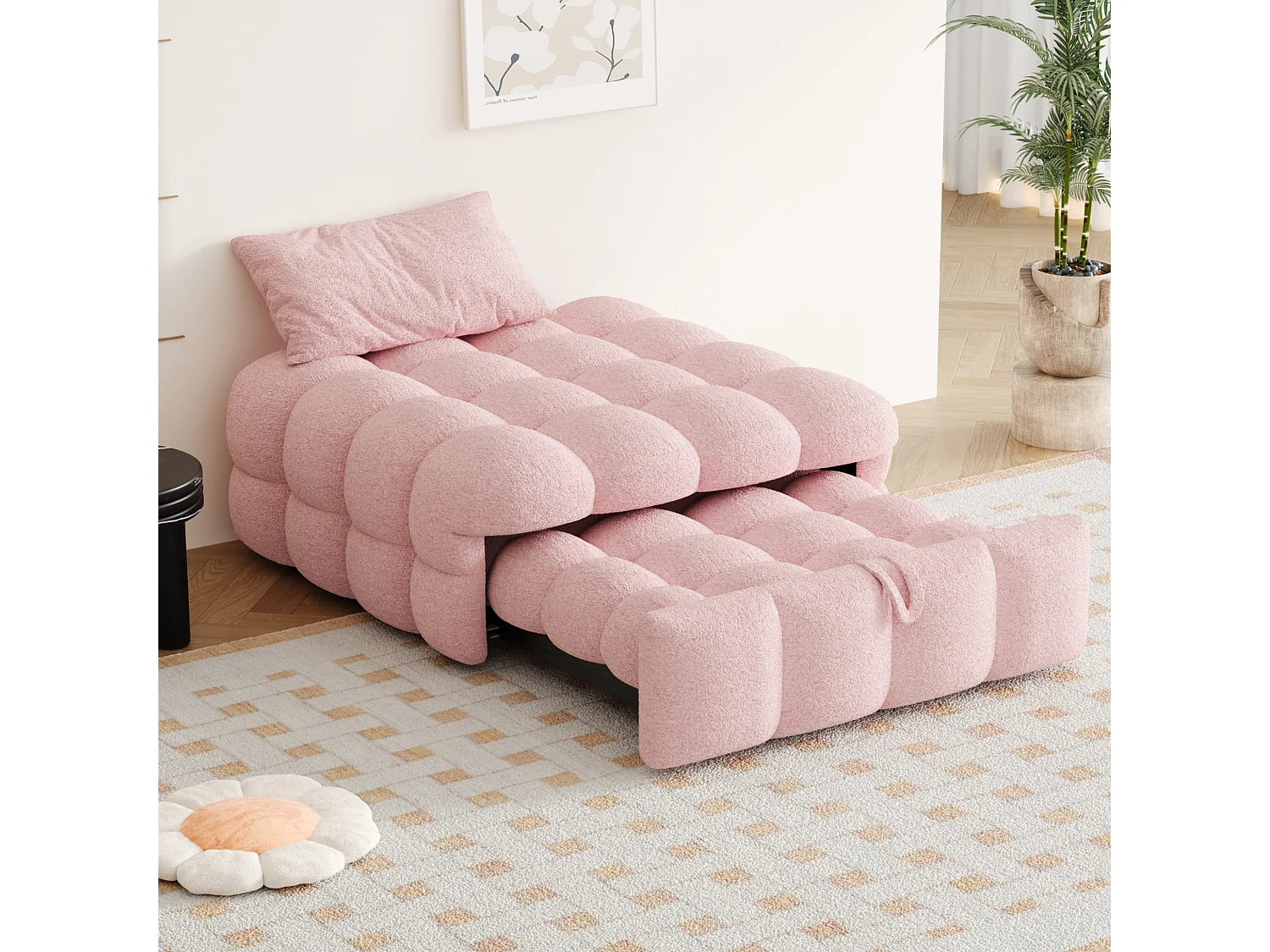 Letto imbottito - Ottomano 2 in 1 - Divano letto pieghevole - Letto singolo - Rosa