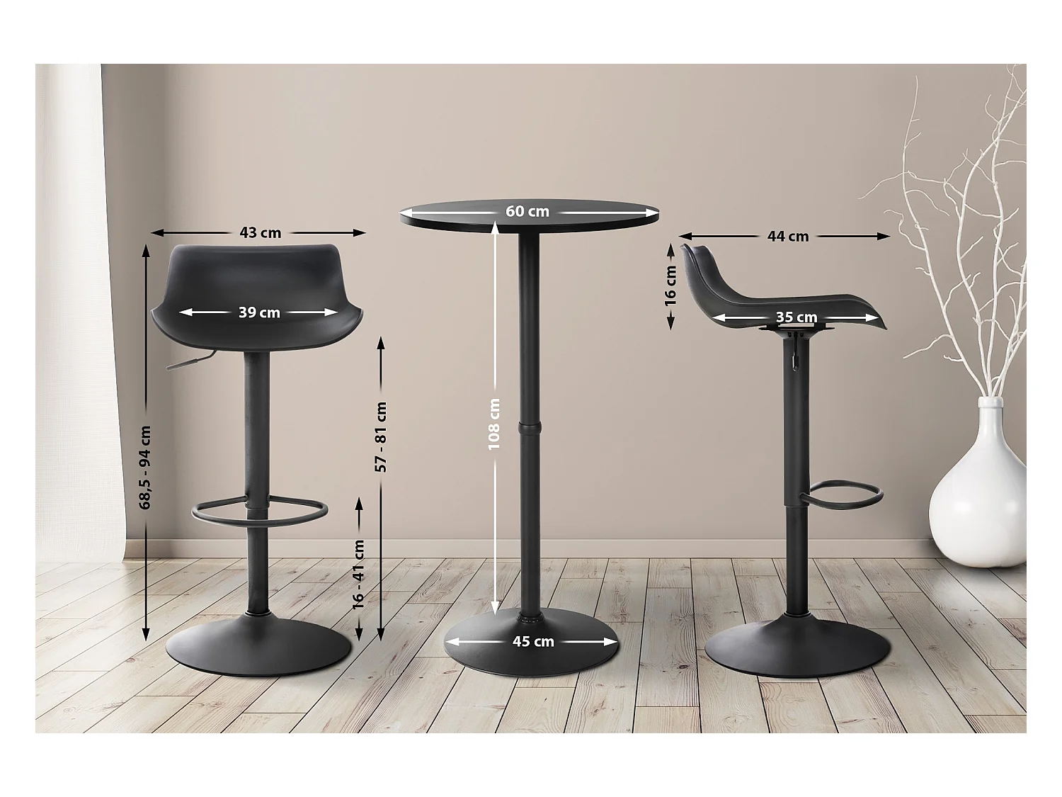 Lot de 2 Ensemble table de bar - Plastique - Noir - Fernie