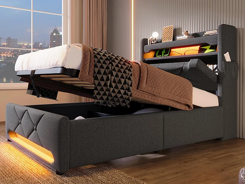 Gestoffeerd opbergbed 90x200 cm - met LED en USB-oplaadpoorten - Linnenstof - Hoofdeinde met opbergruimte - Grijs