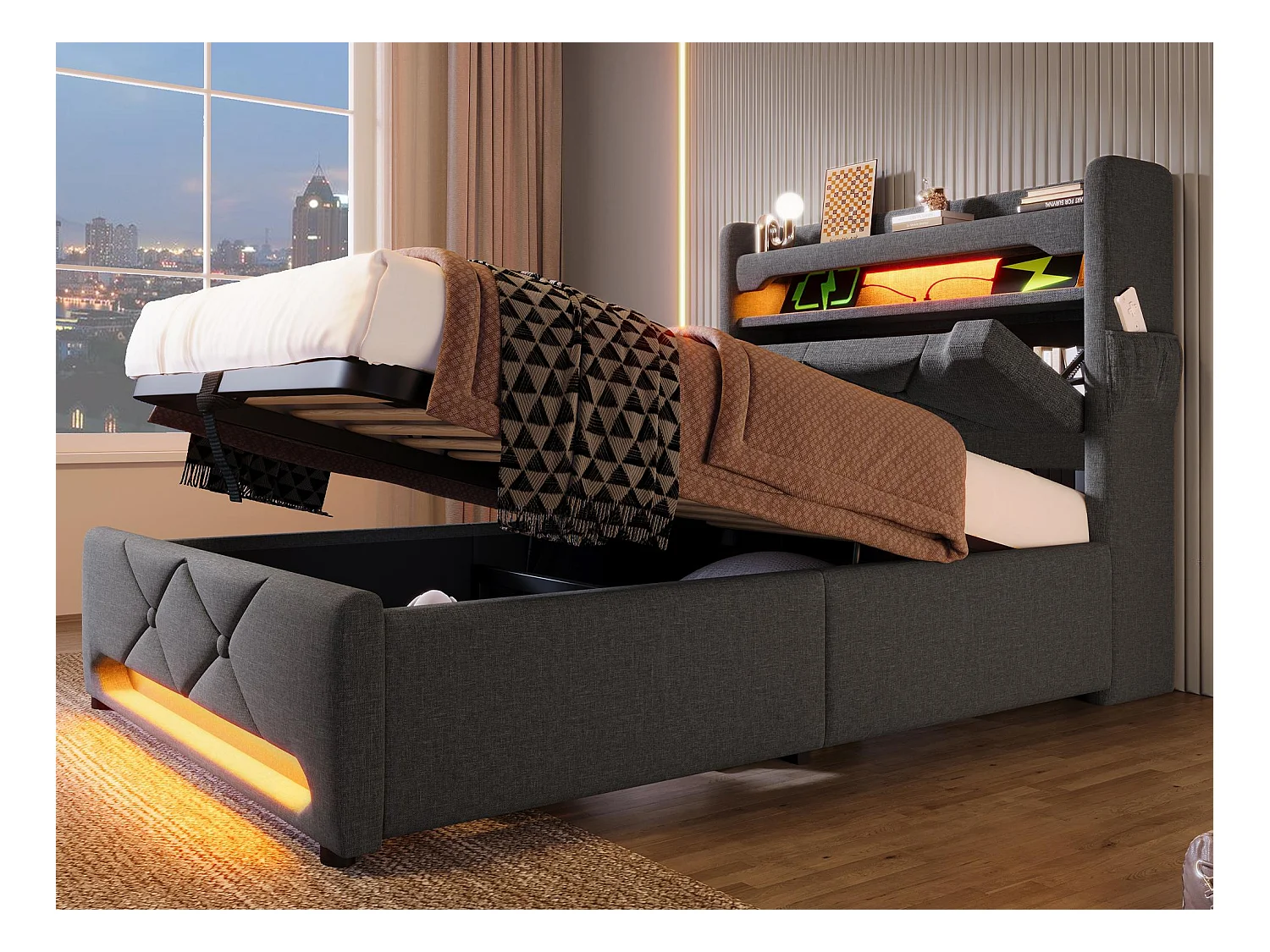 Lit coffre capitonné 90x200cm - avec LED et Ports de charge USB - tissu en Lin - tête de lit avec espace de rangement - Gris