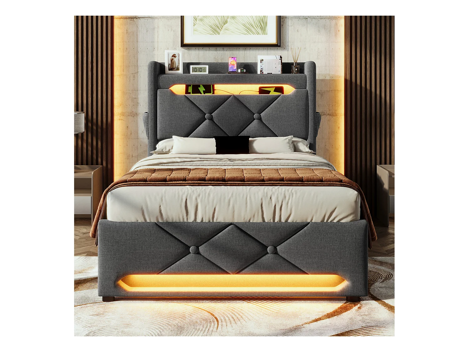 Lit coffre capitonné 90x200cm - avec LED et Ports de charge USB - tissu en Lin - tête de lit avec espace de rangement - Gris