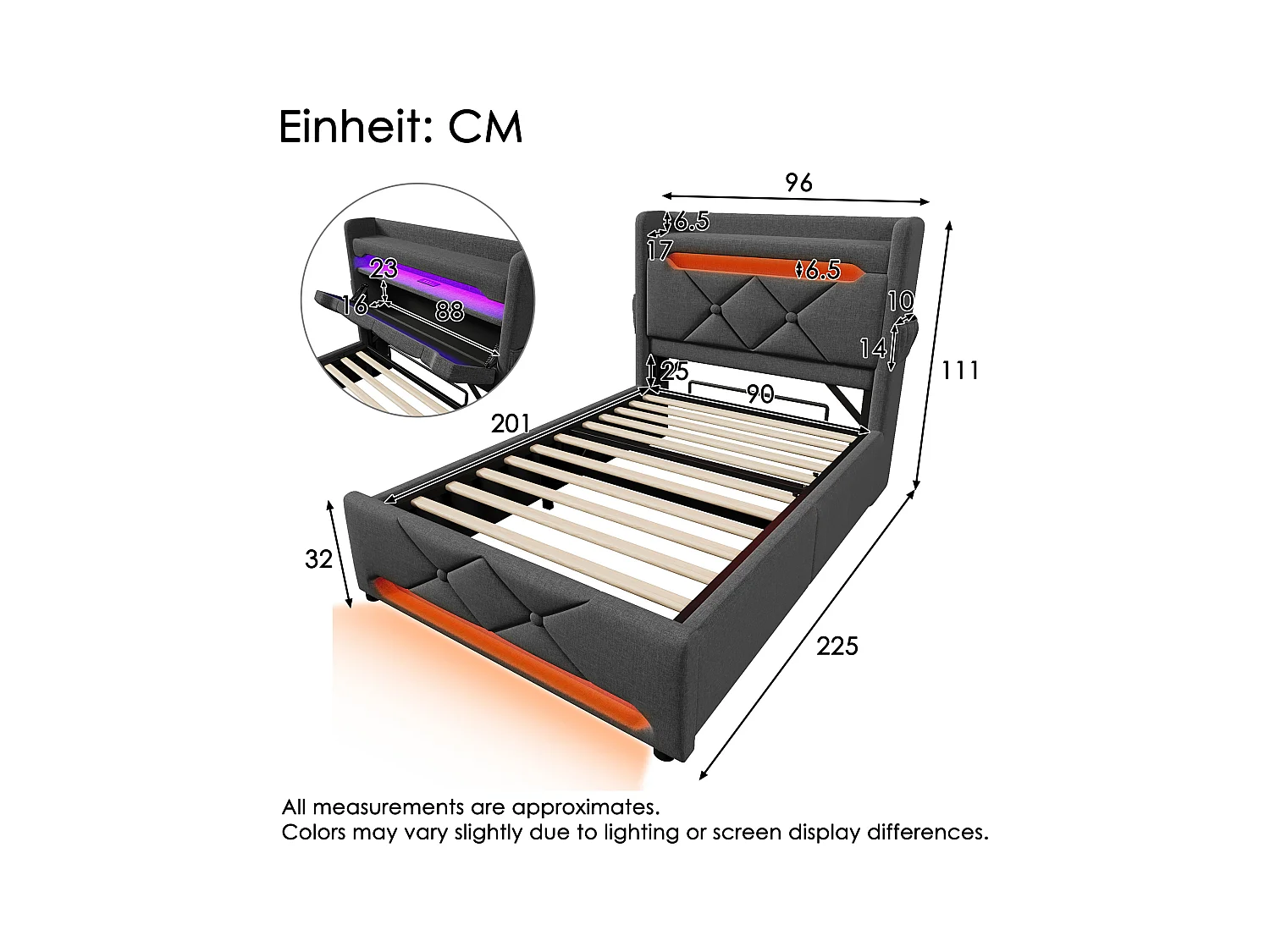 Lit coffre capitonné 90x200cm - avec LED et Ports de charge USB - tissu en Lin - tête de lit avec espace de rangement - Gris