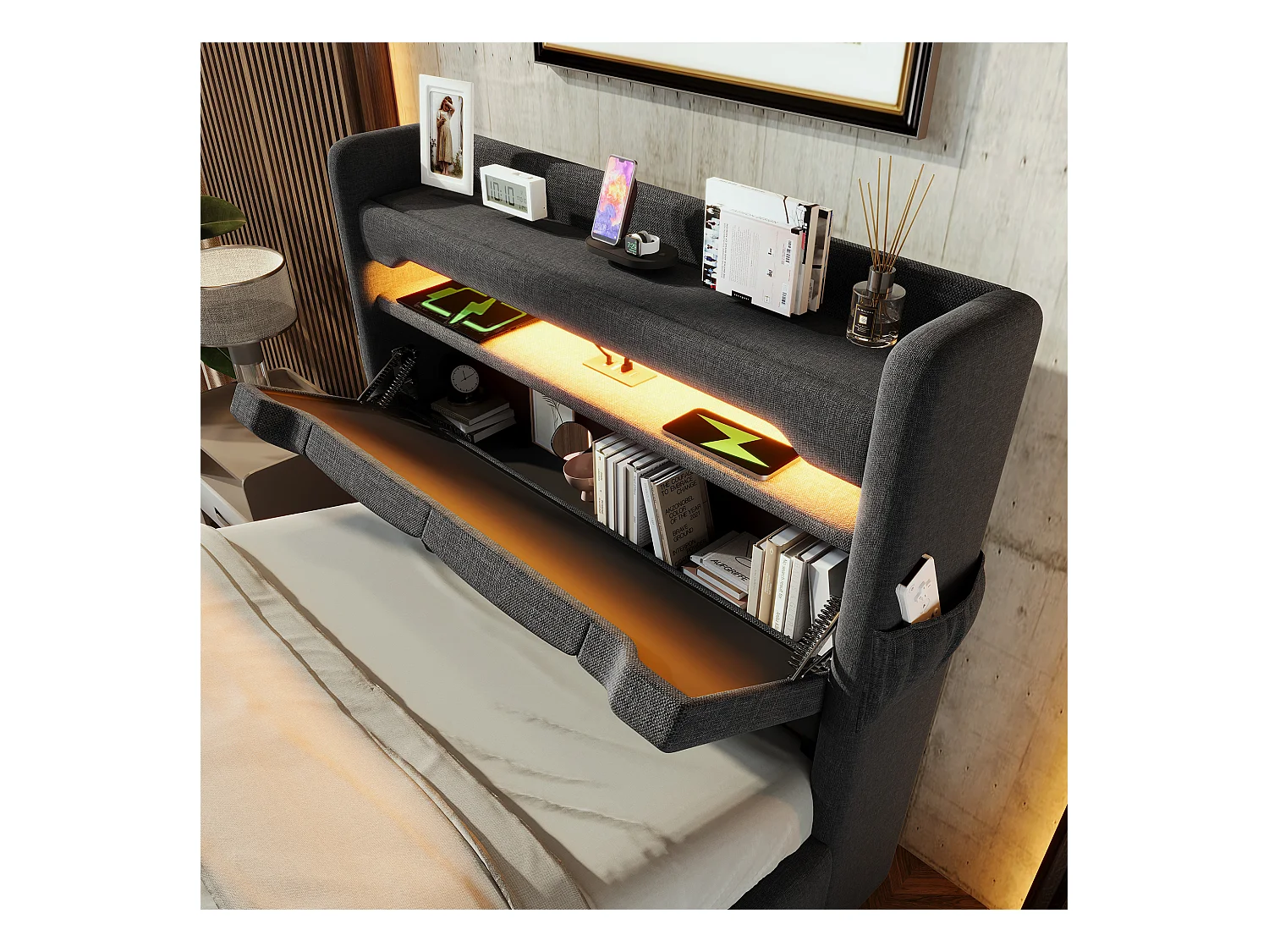 Lit coffre capitonné 90x200cm - avec LED et Ports de charge USB - tissu en Lin - tête de lit avec espace de rangement - Gris