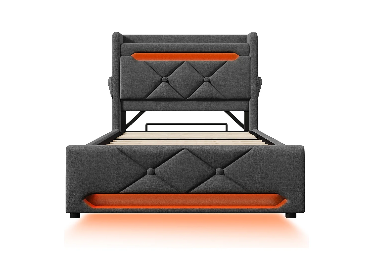 Lit coffre capitonné 90x200cm - avec LED et Ports de charge USB - tissu en Lin - tête de lit avec espace de rangement - Gris