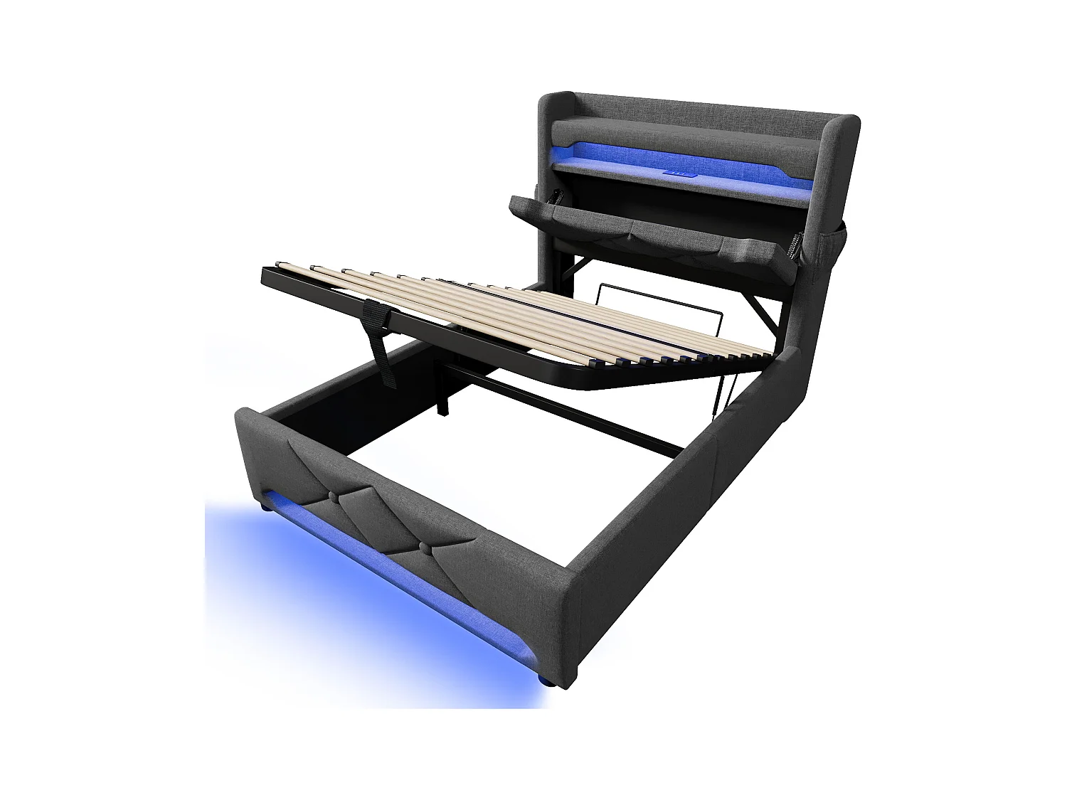 Lit coffre capitonné 90x200cm - avec LED et Ports de charge USB - tissu en Lin - tête de lit avec espace de rangement - Gris