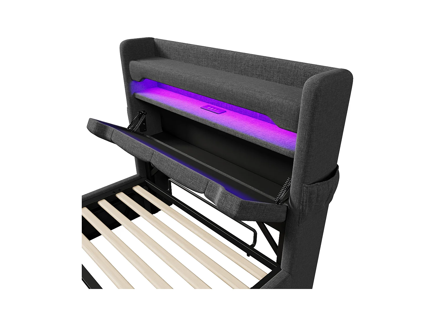 Lit coffre capitonné 90x200cm - avec LED et Ports de charge USB - tissu en Lin - tête de lit avec espace de rangement - Gris