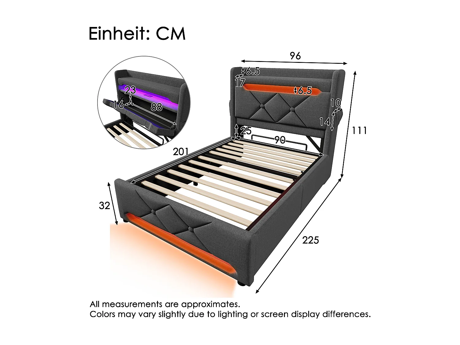 Lit coffre capitonné 90x200cm - avec LED et Ports de charge USB - tissu en Lin - tête de lit avec espace de rangement - Gris