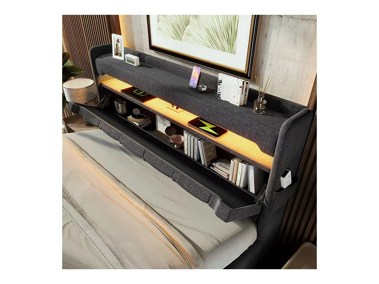 Gepolstertes Stauraumbett 160x200 cm - mit LED und USB-Ladeanschlüssen - Leinenstoff - Kopfteil mit Stauraum - Grau