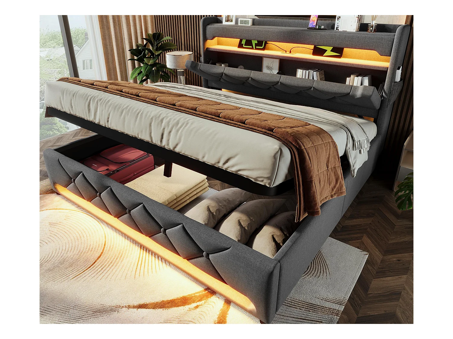 Lit coffre capitonné 160x200cm - avec LED et Ports de charge USB - tissu en Lin - tête de lit avec espace de rangement - Gris