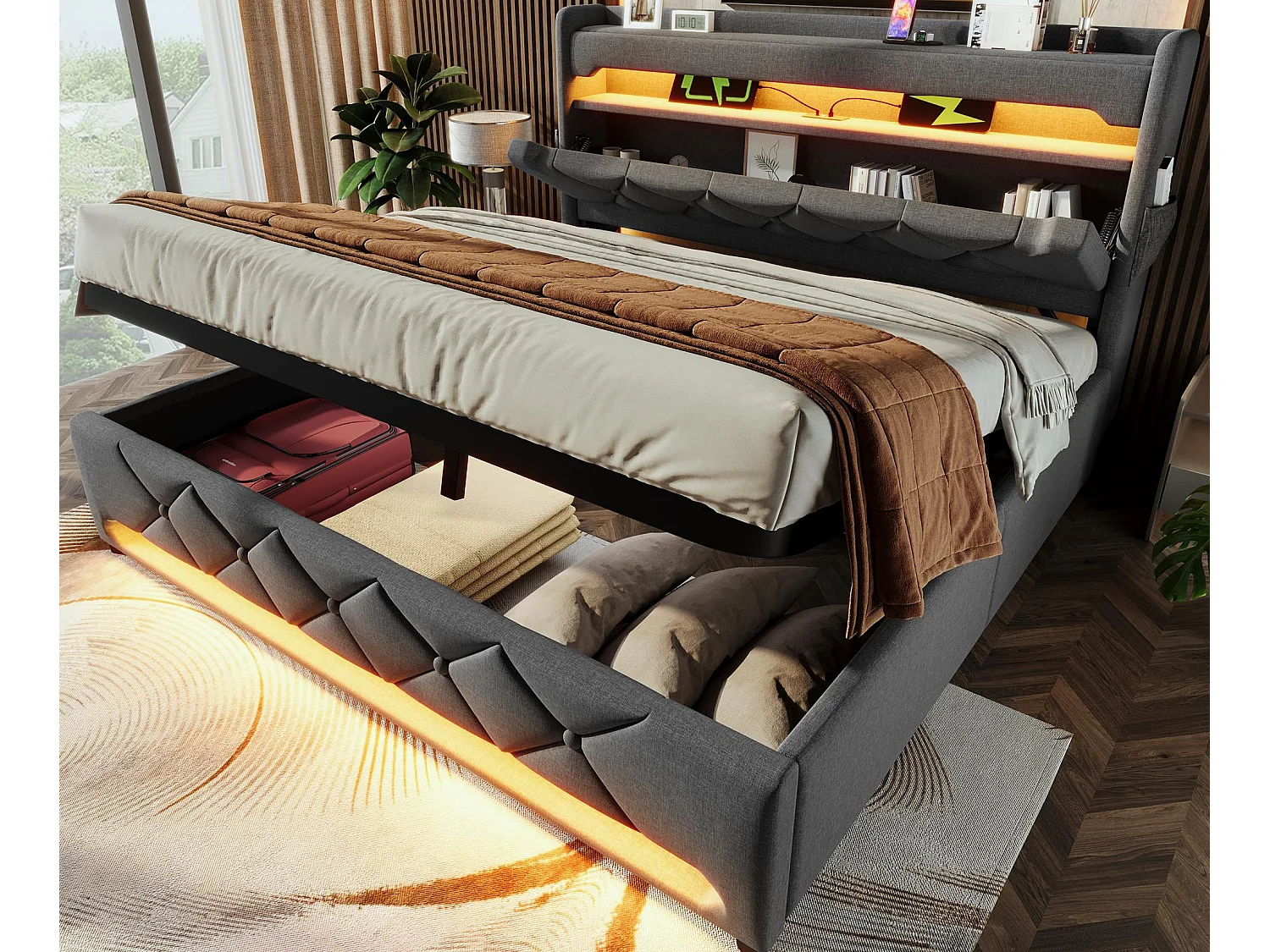 Lit coffre capitonné 160x200cm - avec LED et Ports de charge USB - tissu en Lin - tête de lit avec espace de rangement - Gris