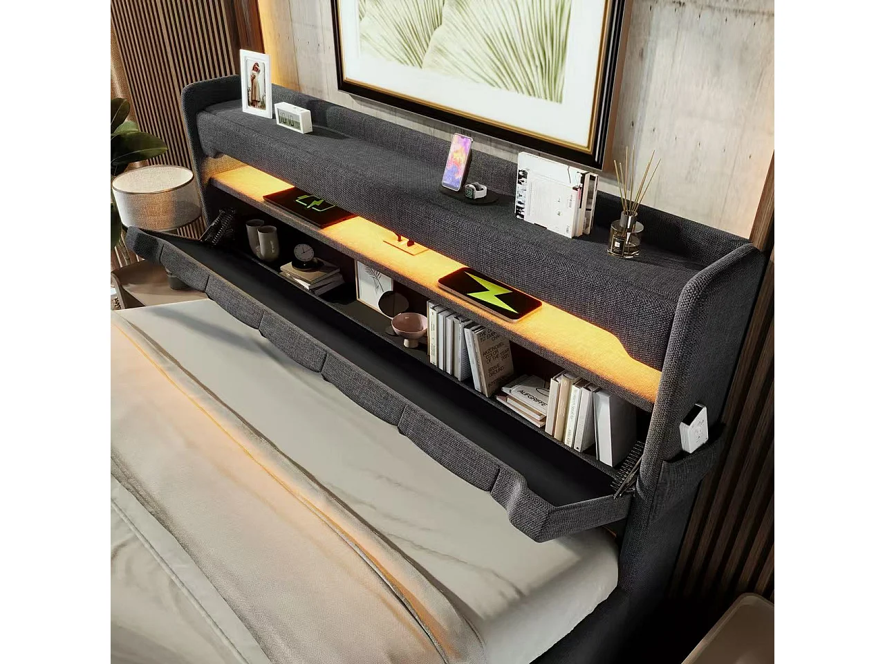 Lit coffre capitonné 160x200cm - avec LED et Ports de charge USB - tissu en Lin - tête de lit avec espace de rangement - Gris