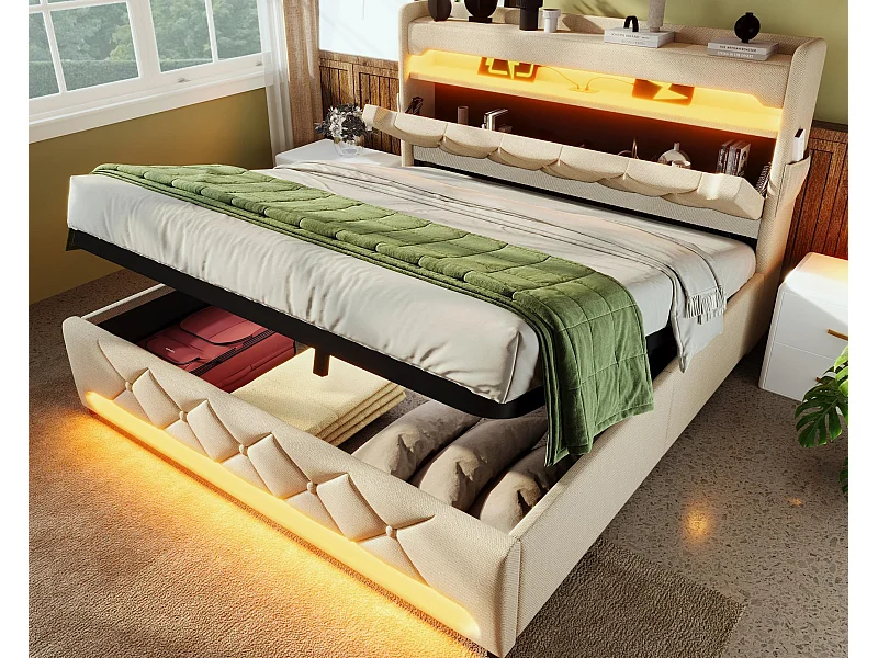 Gestoffeerd opbergbed 180x200 cm - met LED en USB-oplaadpoorten - Linnenstof - Hoofdeinde met opbergruimte - Beige