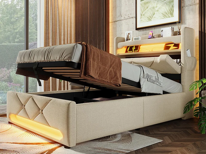 Lit coffre capitonné 90x200cm - avec LED et Ports de charge USB - tissu en Lin - tête de lit avec espace de rangement - Beige