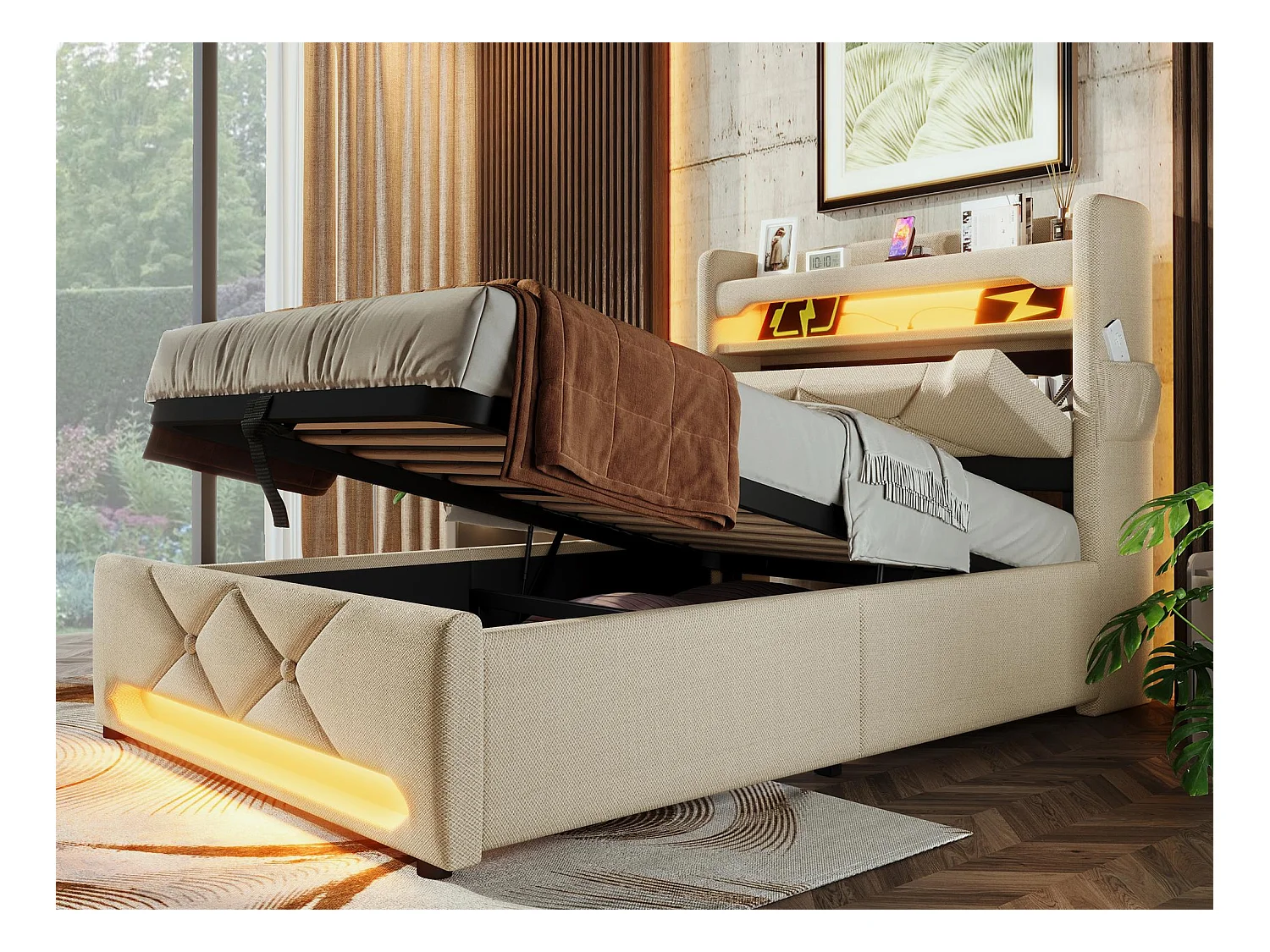 Lit coffre capitonné 90x200cm - avec LED et Ports de charge USB - tissu en Lin - tête de lit avec espace de rangement - Beige