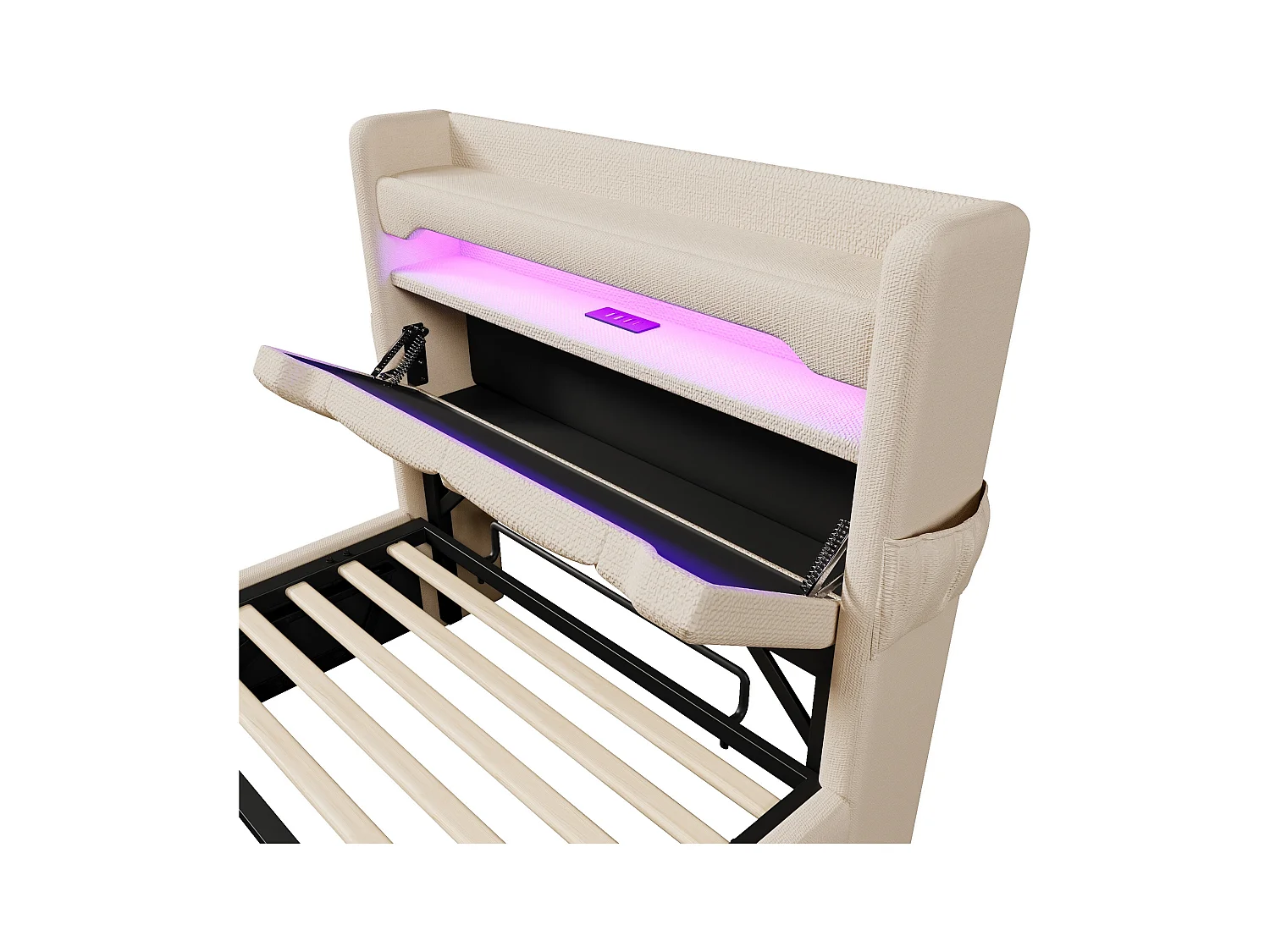 Tapicerowane łóżko z pojemnikiem 90x200 cm - z LED i portami ładowania USB - Tkanina lniana - Wezgłowie z przestrzenią do przechowywania - Beżowy