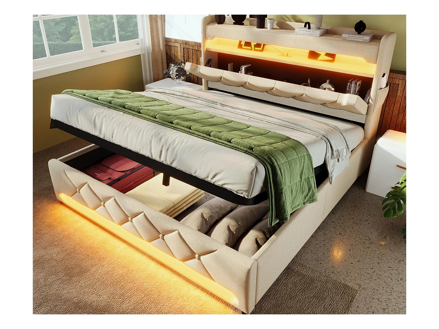 Lit coffre capitonné 160x200cm - avec LED et Ports de charge USB - tissu en Lin - tête de lit avec espace de rangement - Beige