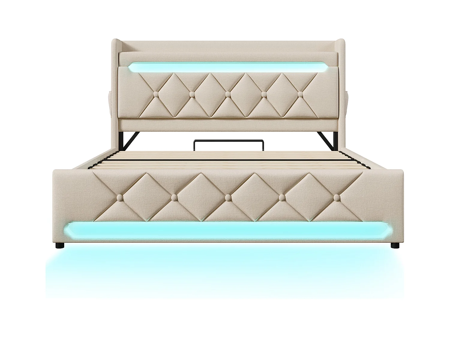 Cama baú estofada 140x200 cm - com LED e portas de carregamento USB - Tecido de linho - Cabeceira com espaço de armazenamento - Bege