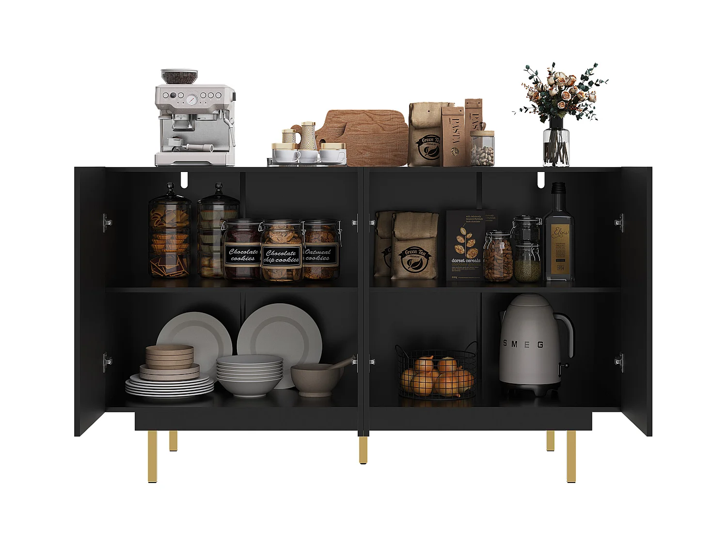 Nowoczesny bufet 140x38,5x82,5 cm - 4 drzwi - MDF - Czarny