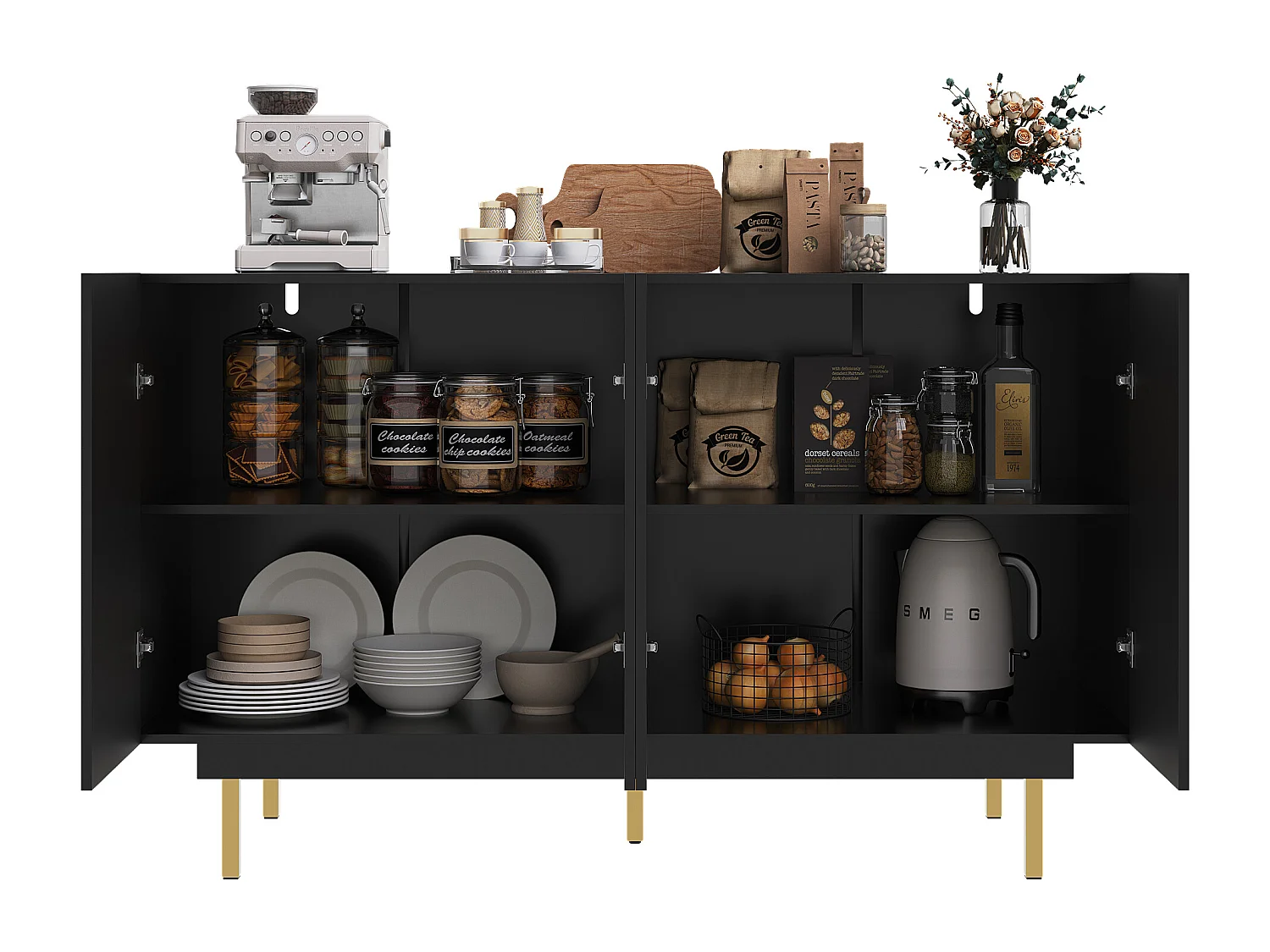 Buffet moderne 140x38.5x82.5cm - 4 portes - MDF - Noir