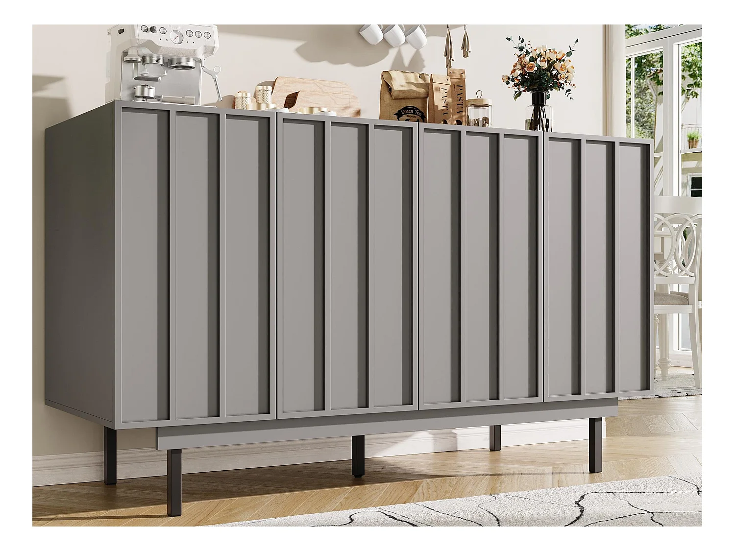 Buffet moderne 140x38.5x82.5cm - 4 portes - MDF - Gris
