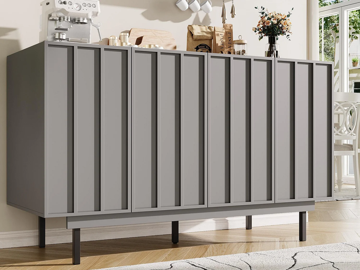 Buffet moderne 140x38.5x82.5cm - 4 portes - MDF - Gris