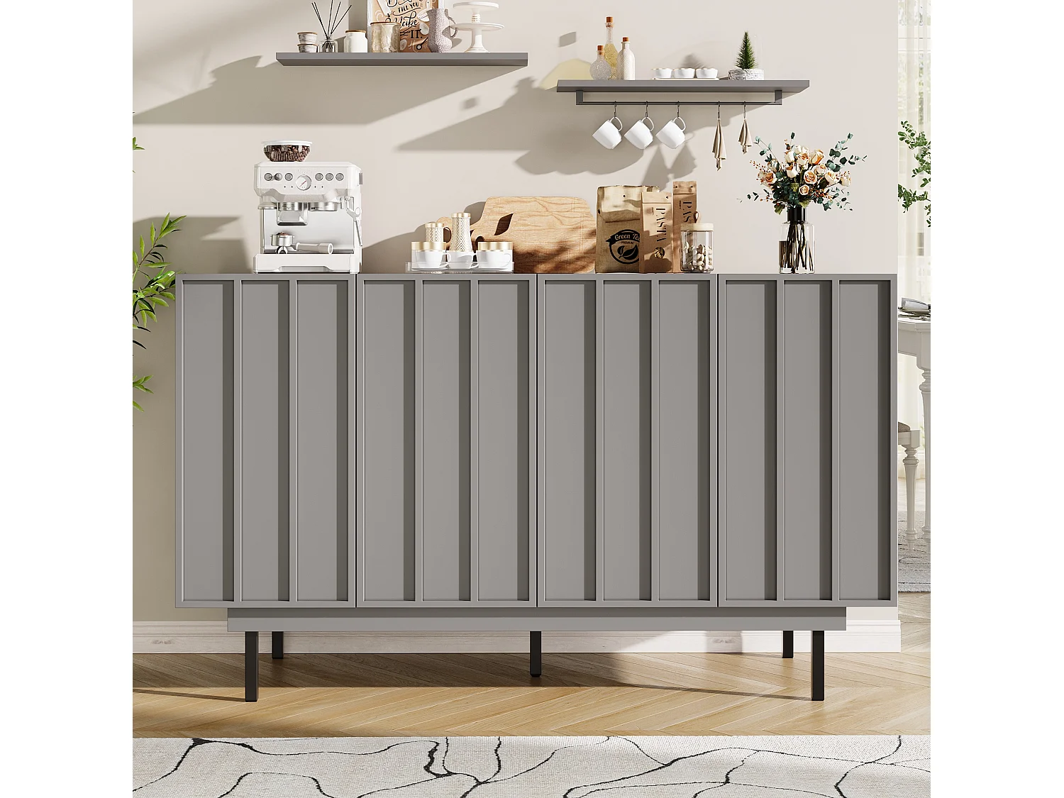 Buffet moderne 140x38.5x82.5cm - 4 portes - MDF - Gris