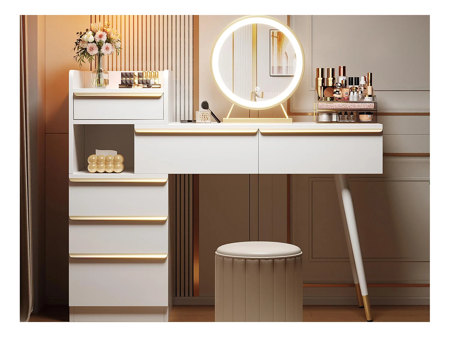 Coiffeuse avec éclairage LED 100x41.5x102 cm - avec 6 tiroirs - plateau de coiffeuse extensible - blanc