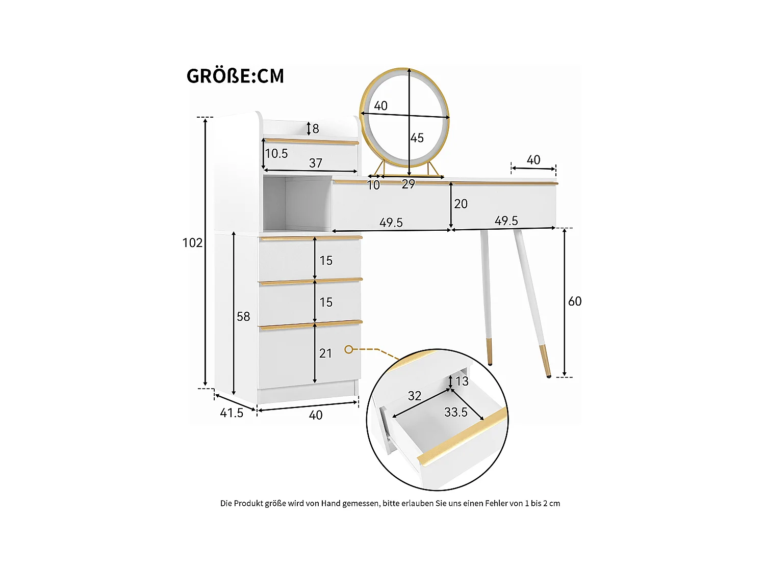 Coiffeuse avec éclairage LED 100x41.5x102 cm - avec 6 tiroirs - plateau de coiffeuse extensible - blanc