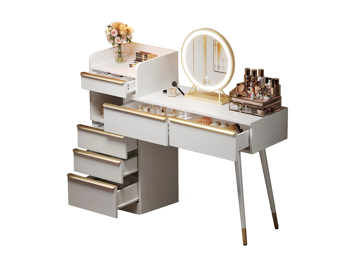 Coiffeuse avec éclairage LED 100x41.5x102 cm - avec 6 tiroirs - plateau de coiffeuse extensible - blanc