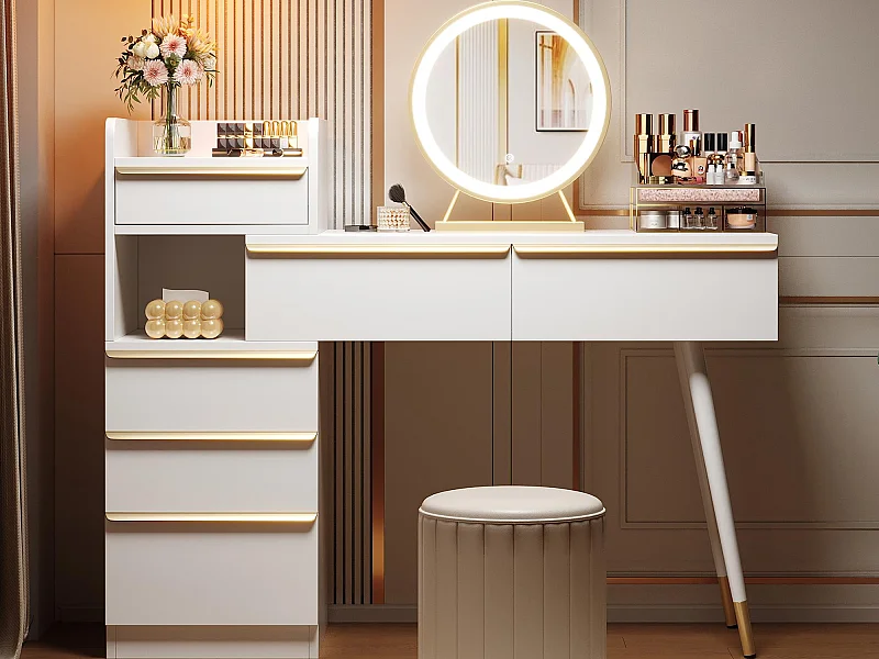 Coiffeuse avec éclairage LED 100x41.5x102 cm - avec 6 tiroirs - plateau de coiffeuse extensible - blanc