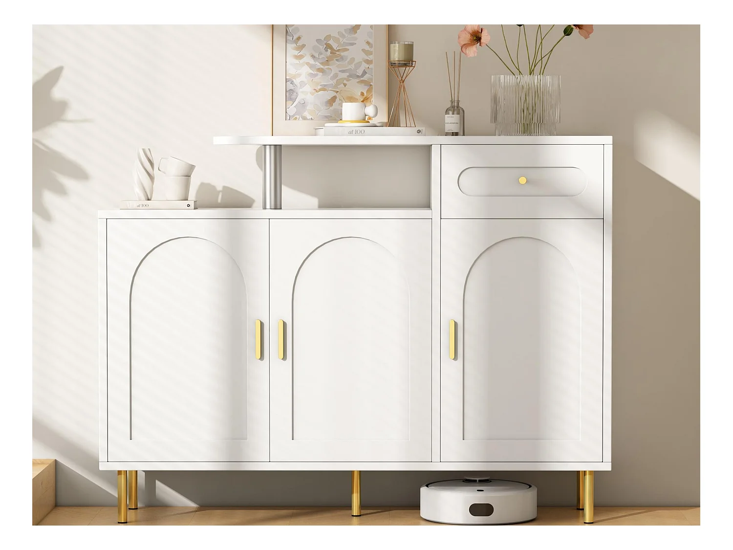 Meuble à chaussures 120x35x92cm - 1 tiroir + 3 portes - pieds en métal - Blanc