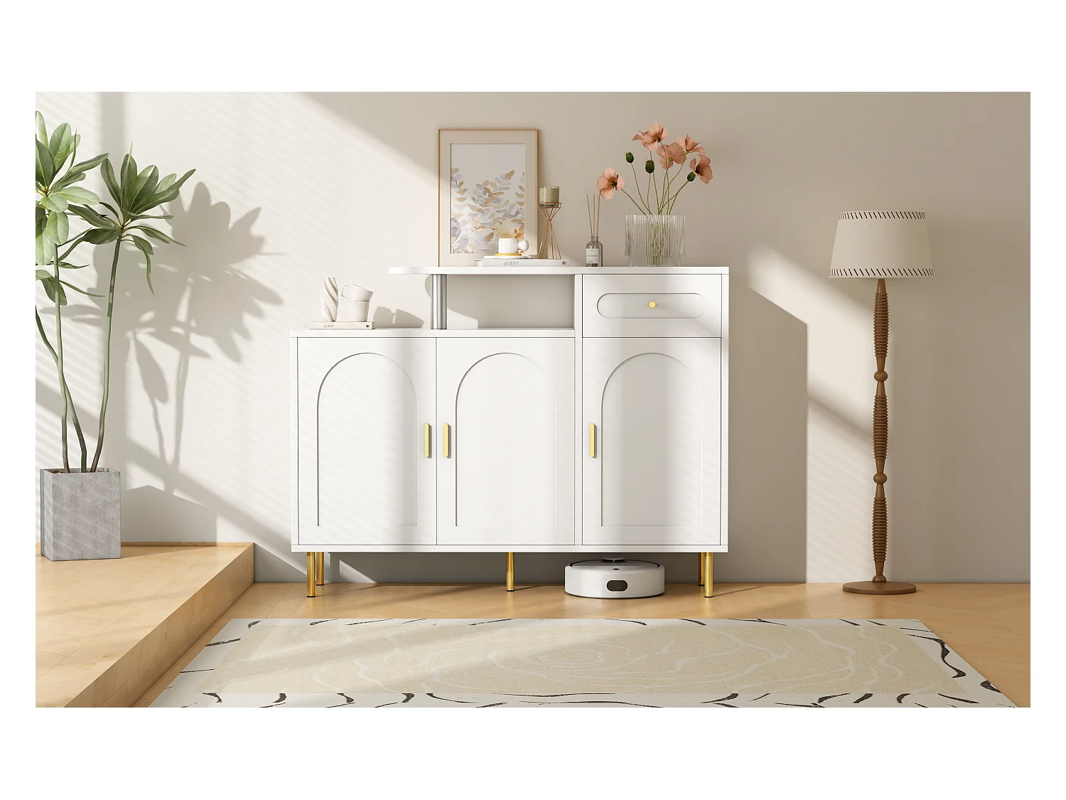 Meuble à chaussures 120x35x92cm - 1 tiroir + 3 portes - pieds en métal - Blanc