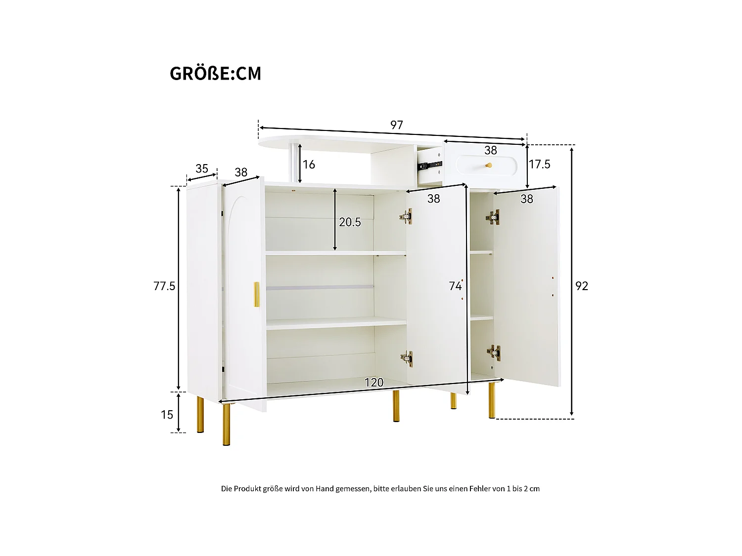 Meuble à chaussures 120x35x92cm - 1 tiroir + 3 portes - pieds en métal - Blanc