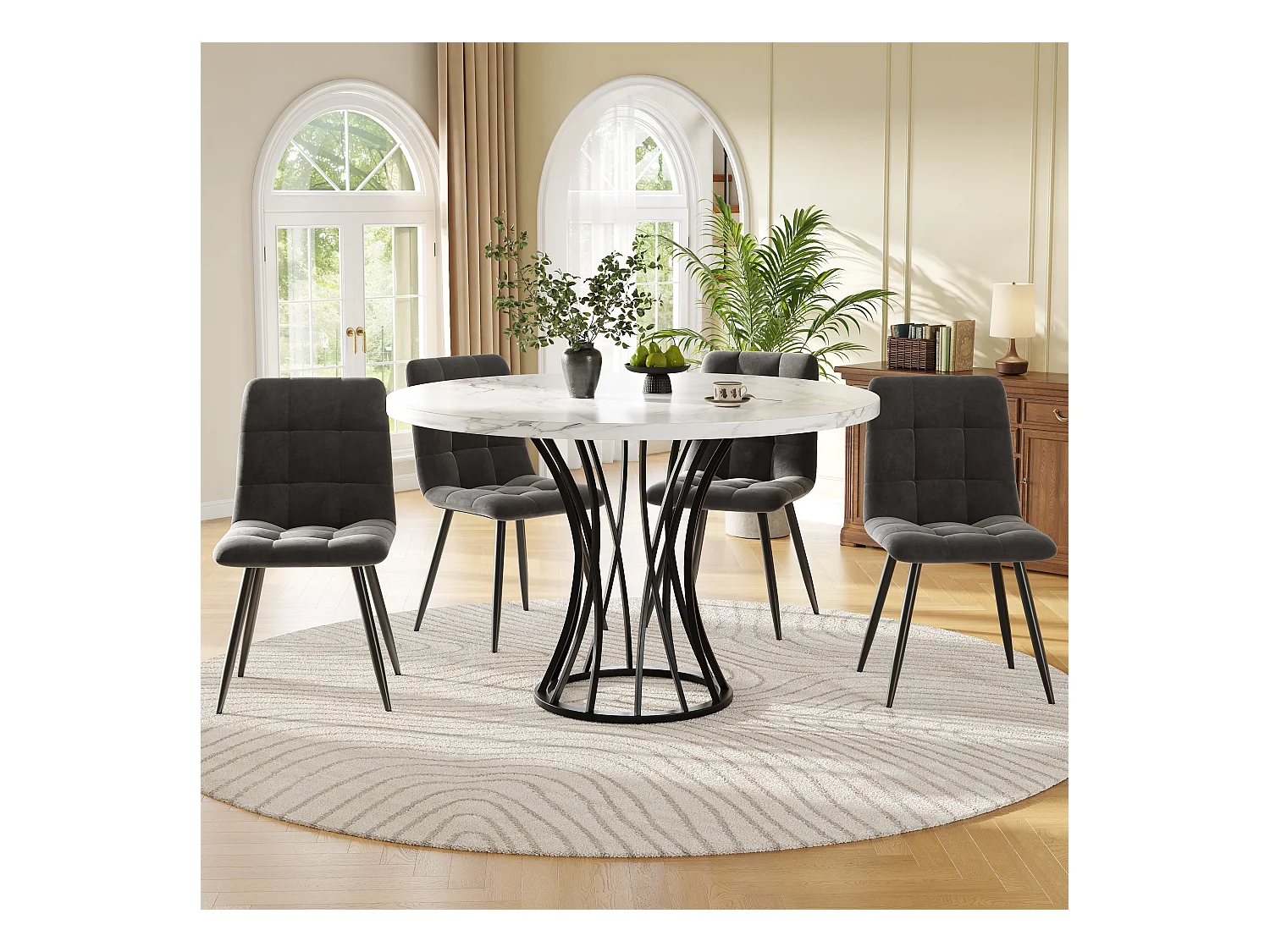 Table à manger ronde et 4 chaises - plateau en MDF、Structure en métal et coussins en velours - Blanc&Noir