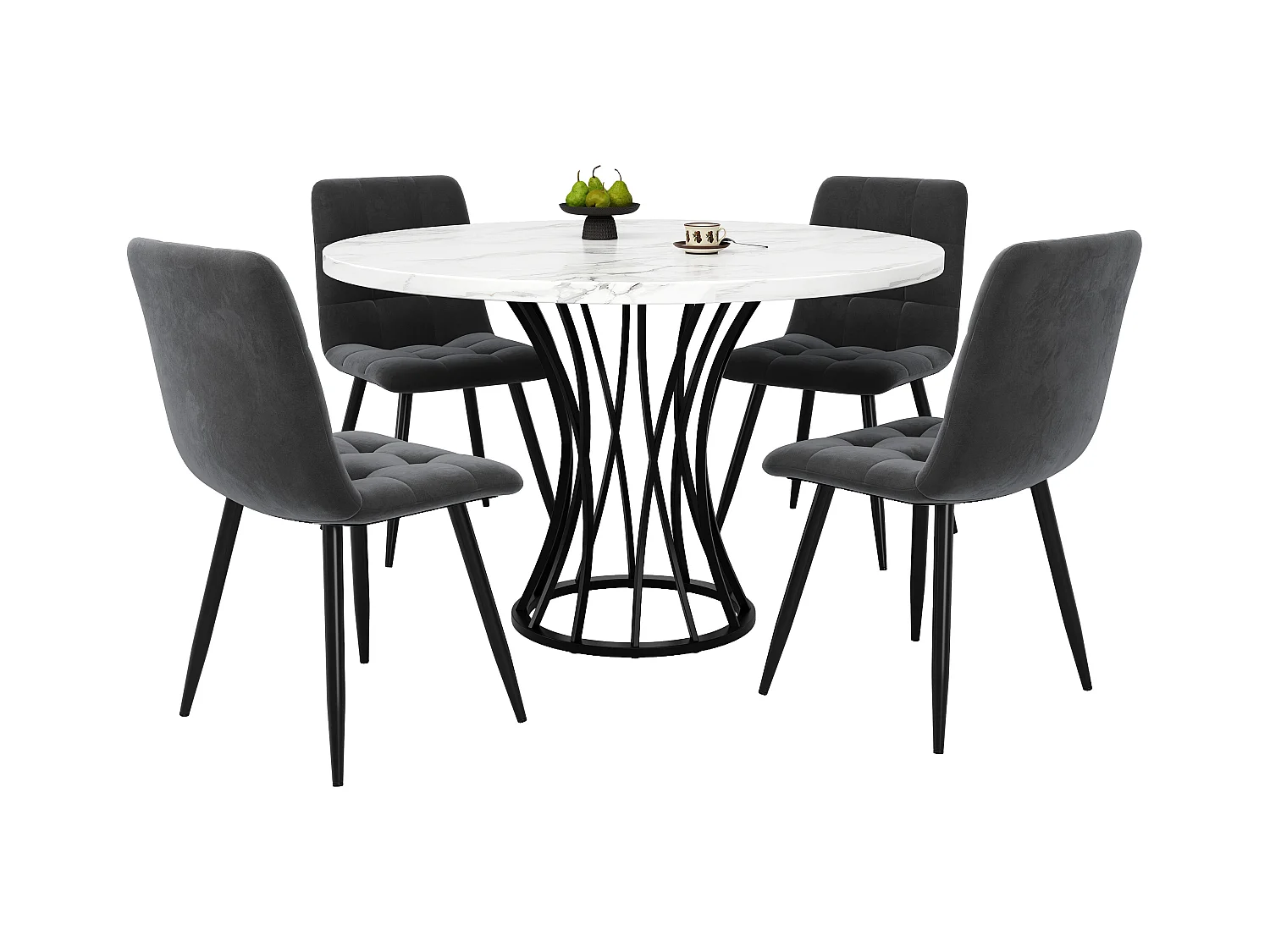 Table à manger ronde et 4 chaises - plateau en MDF、Structure en métal et coussins en velours - Blanc&Noir