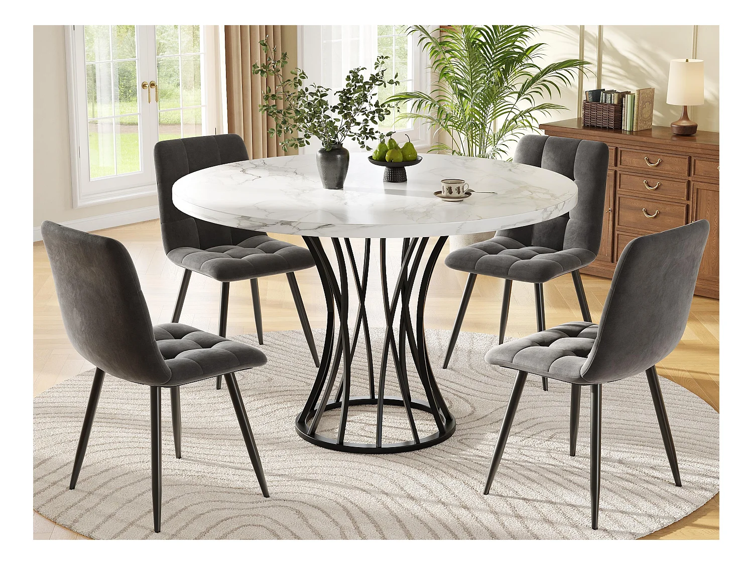 Tavolo rotondo con 4 sedie - Piano in MDF, struttura in metallo e cuscini in velluto - Bianco&Nero