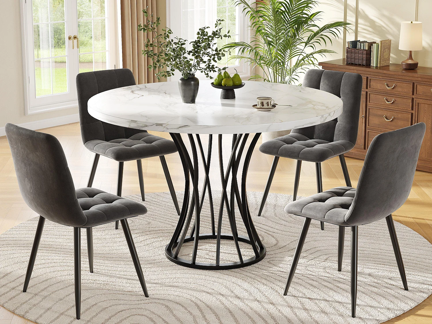 Table à manger ronde et 4 chaises - plateau en MDF、Structure en métal et coussins en velours - Blanc&Noir