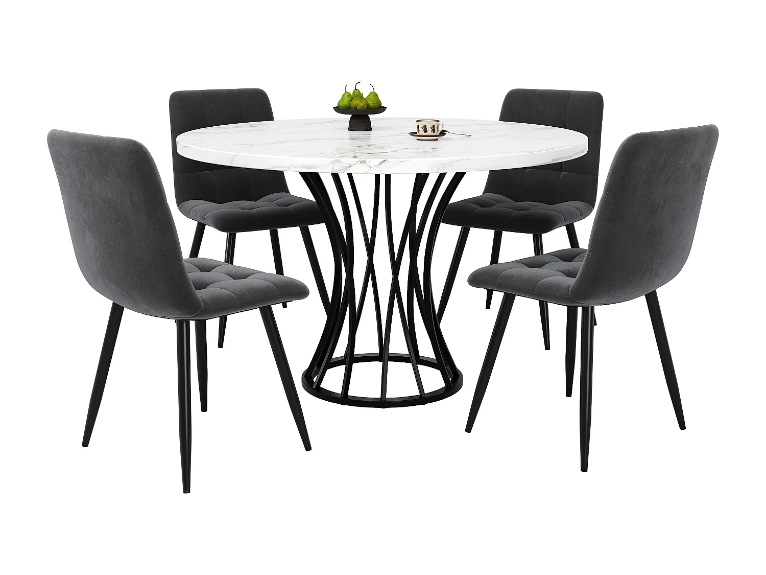 Table à manger ronde et 4 chaises - plateau en MDF、Structure en métal et coussins en velours - Blanc&Noir