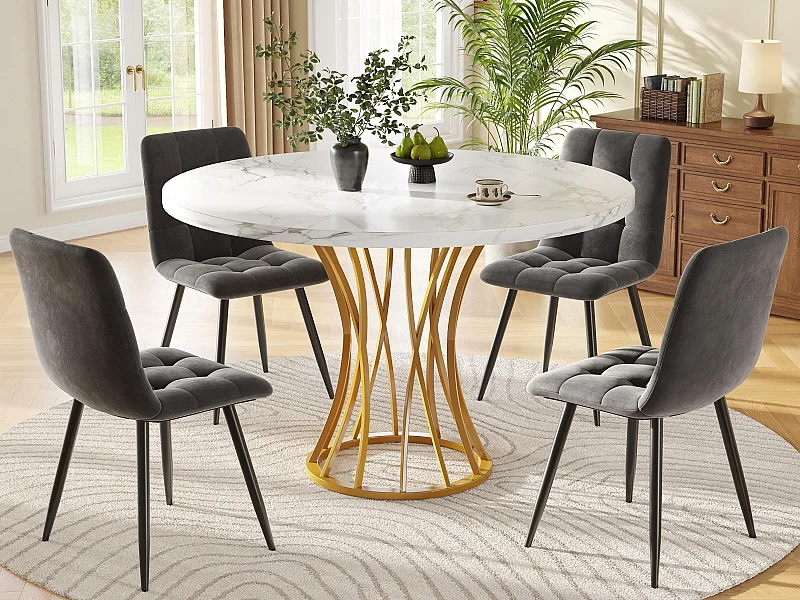 Mesa redonda com 4 cadeiras - Tampos em MDF, estrutura metálica e almofadas de veludo - Branco, Dourado e Cinza