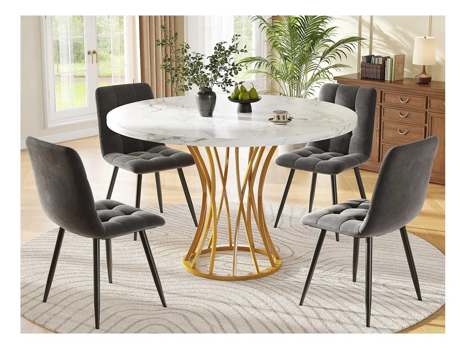 Tavolo rotondo con 4 sedie - Piano in MDF, struttura in metallo e cuscini in velluto - Bianco, Oro e Grigio