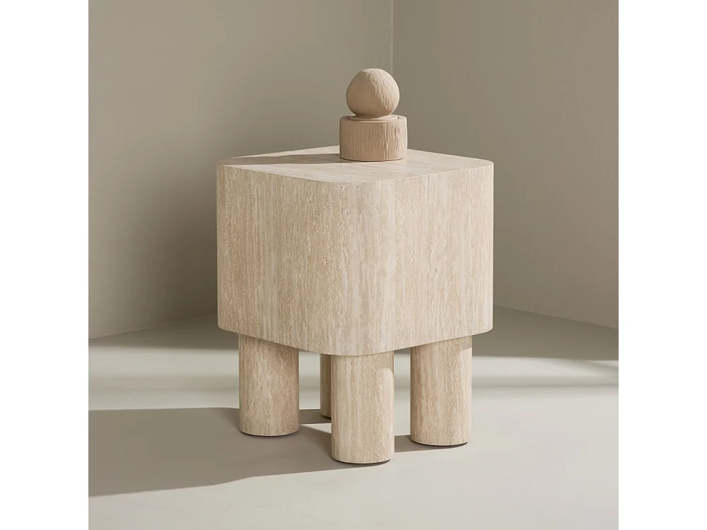 Table d'Appoint Effet Travertin "Klirou" 50cm Beige