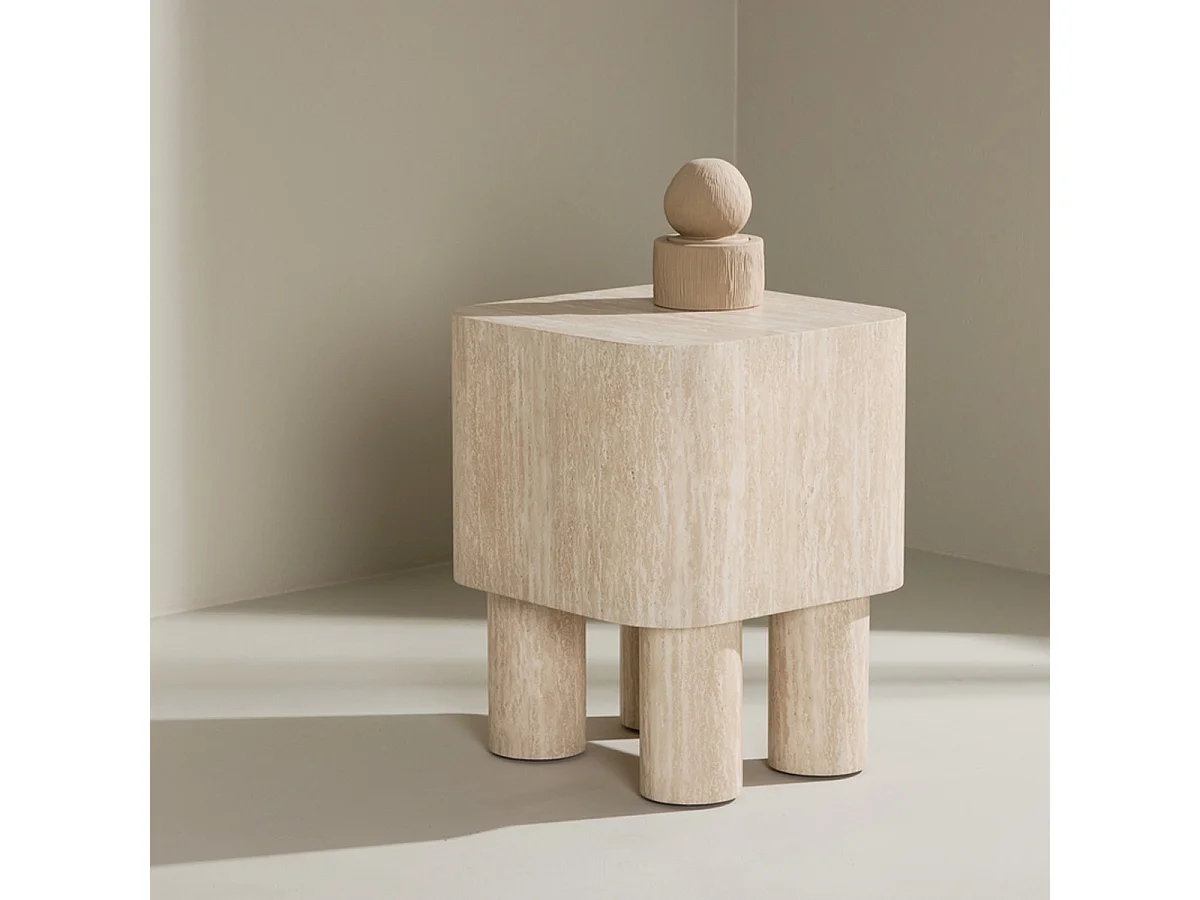 Table d'Appoint Effet Travertin "Klirou" 50cm Beige