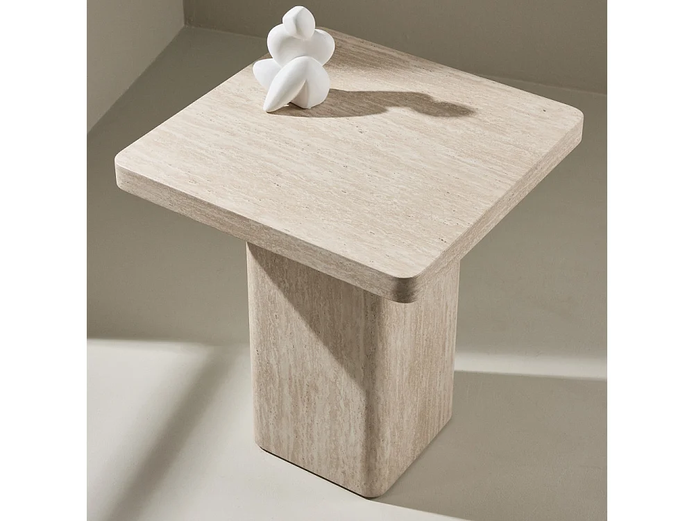 Table d'Appoint Effet Travertin "Qvart" 56cm Beige
