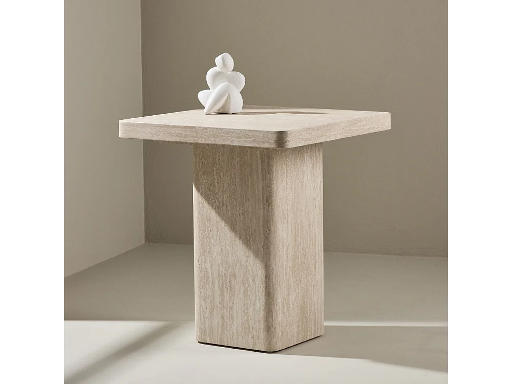 Table d'Appoint Effet Travertin "Qvart" 56cm Beige