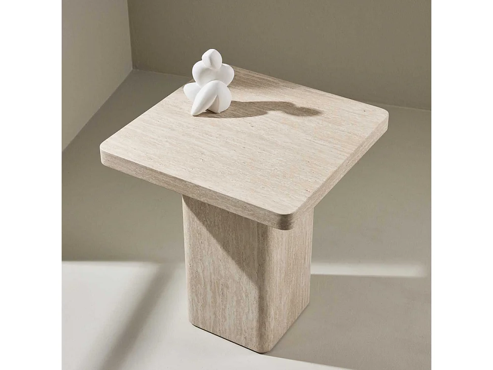 Table d'Appoint Effet Travertin "Qvart" 56cm Beige